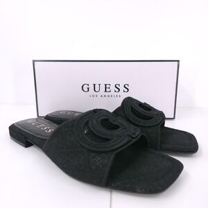 Guess Tarishae Flat Slip On Logo Black Sandals Cotton Fabric Womens Size 8 M